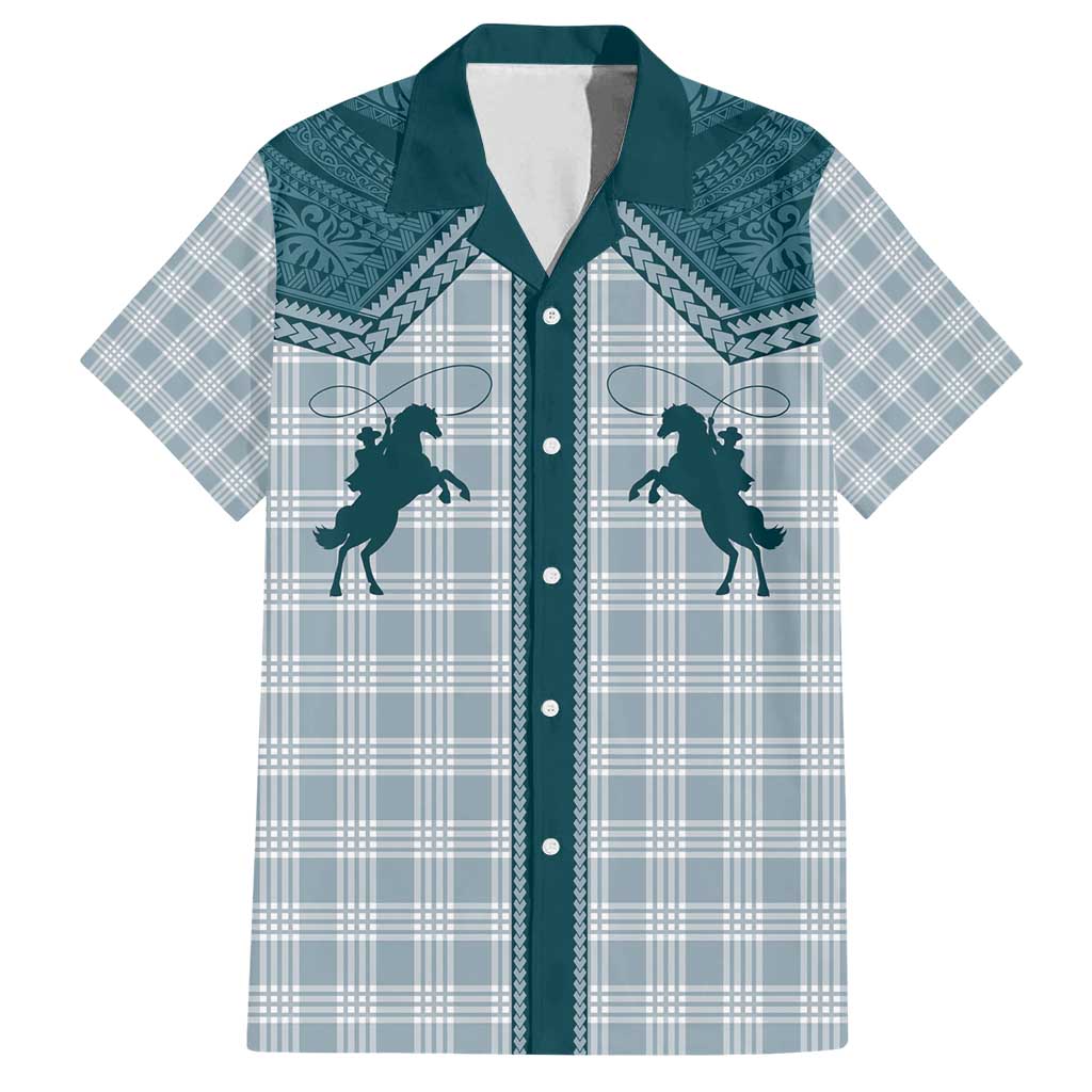 Aloha Hawaii Cowboys Paniolo Family Matching Off Shoulder Maxi Dress and Hawaiian Shirt Teal Palaka - Polynesian Pride