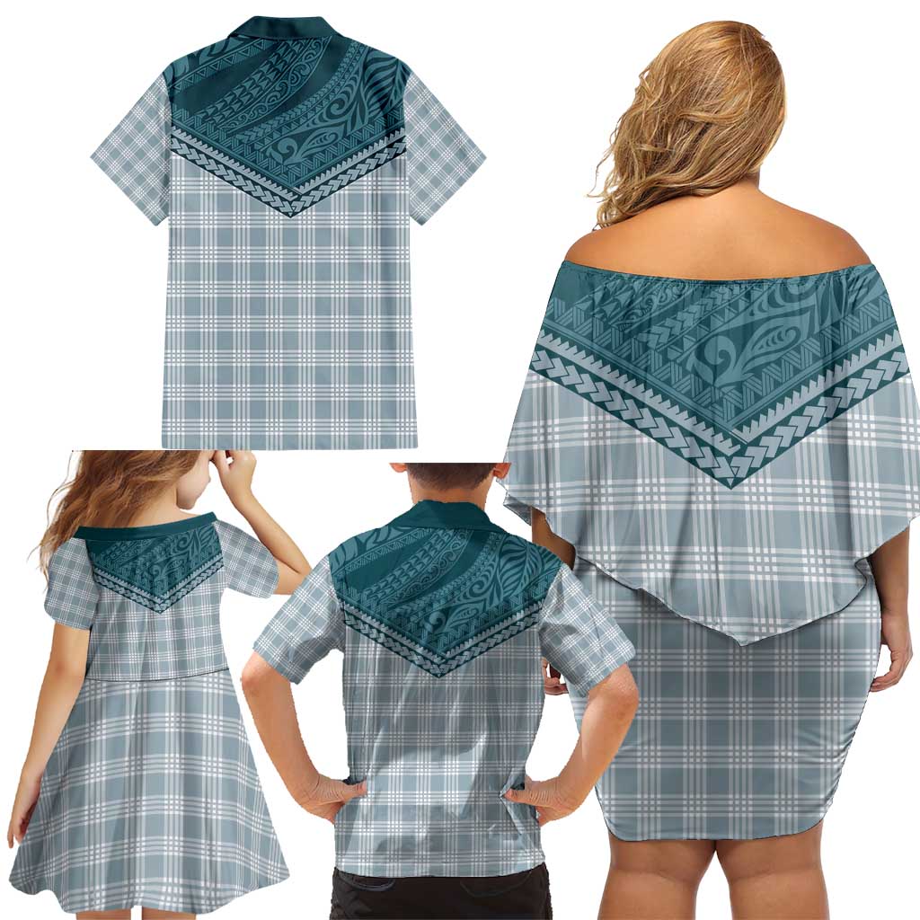 Aloha Hawaii Cowboys Paniolo Family Matching Off Shoulder Short Dress and Hawaiian Shirt Teal Palaka - Polynesian Pride