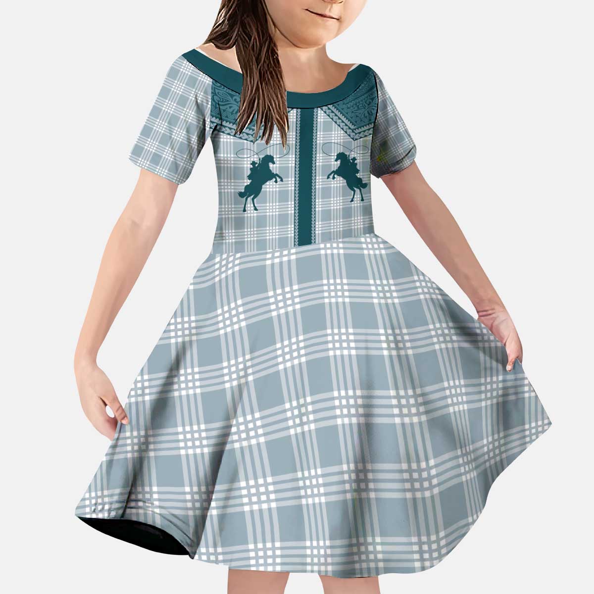 Aloha Hawaii Cowboys Paniolo Kid Short Sleeve Dress Teal Palaka - Polynesian Pride