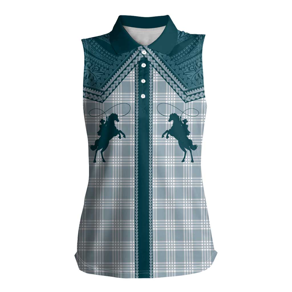 Aloha Hawaii Cowboys Paniolo Women Sleeveless Polo Shirt Teal Palaka - Polynesian Pride