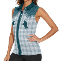 Aloha Hawaii Cowboys Paniolo Women Sleeveless Polo Shirt Teal Palaka - Polynesian Pride