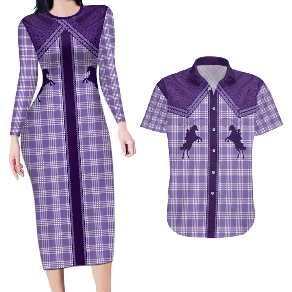 Aloha Hawaii Cowboys Paniolo Couples Matching Long Sleeve Bodycon Dress and Hawaiian Shirt Violet Palaka LT7 Purple - Polynesian Pride