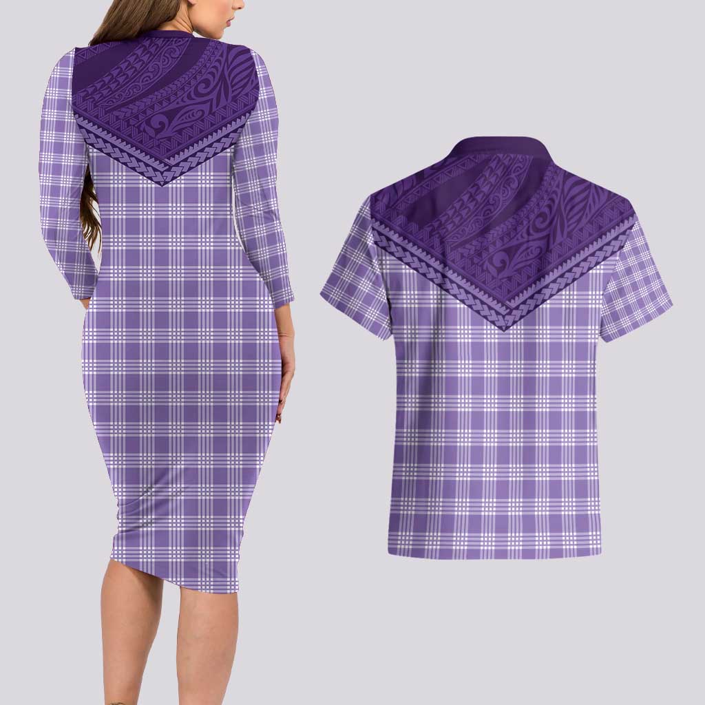 Aloha Hawaii Cowboys Paniolo Couples Matching Long Sleeve Bodycon Dress and Hawaiian Shirt Violet Palaka LT7 - Polynesian Pride