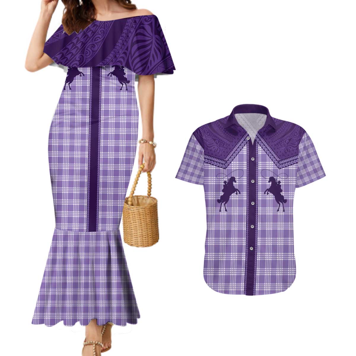 Aloha Hawaii Cowboys Paniolo Couples Matching Mermaid Dress and Hawaiian Shirt Violet Palaka LT7 Purple - Polynesian Pride