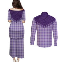 Aloha Hawaii Cowboys Paniolo Couples Matching Puletasi and Long Sleeve Button Shirt Violet Palaka - Polynesian Pride