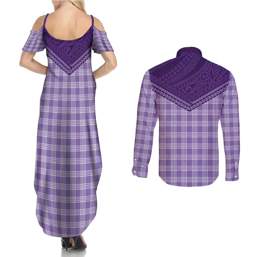 Aloha Hawaii Cowboys Paniolo Couples Matching Summer Maxi Dress and Long Sleeve Button Shirt Violet Palaka - Polynesian Pride