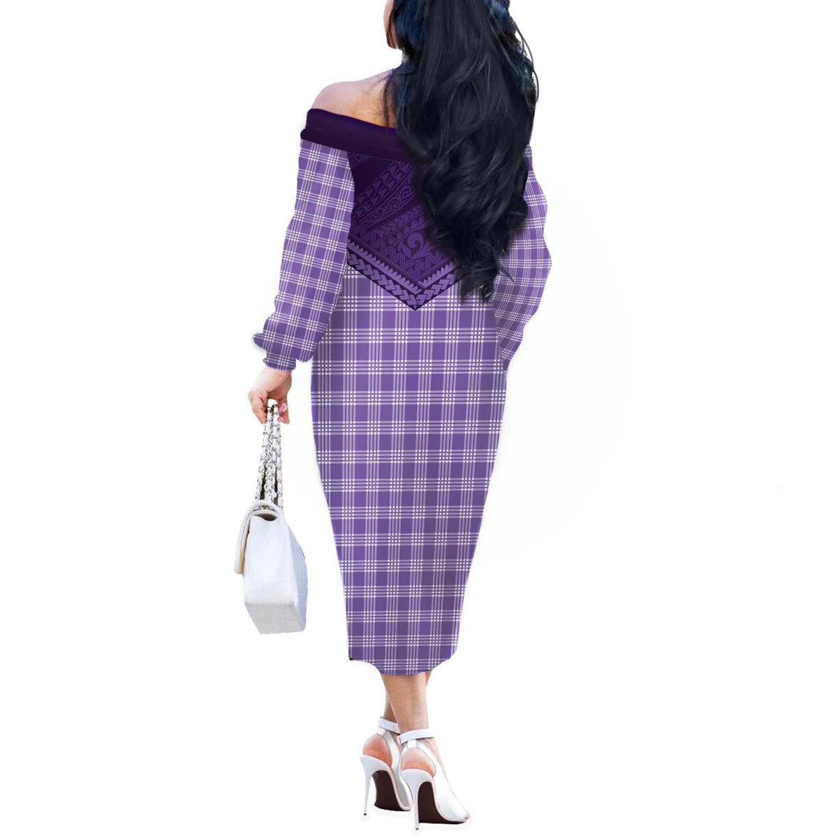 Aloha Hawaii Cowboys Paniolo Off The Shoulder Long Sleeve Dress Violet Palaka - Polynesian Pride