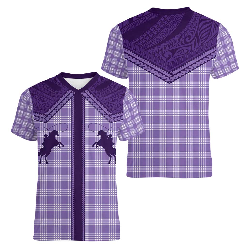 Aloha Hawaii Cowboys Paniolo Women V-Neck T-Shirt Violet Palaka - Polynesian Pride