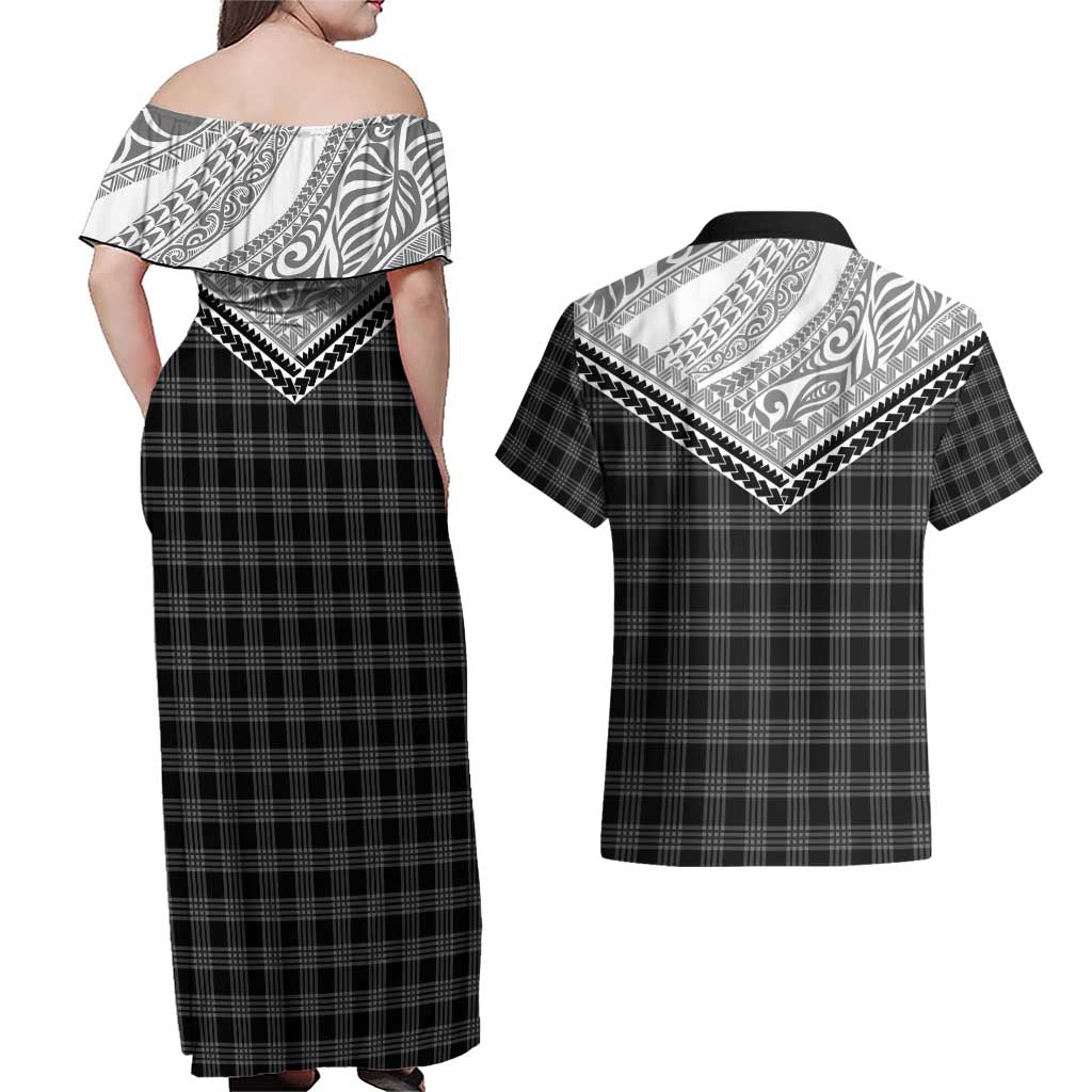 Aloha Hawaii Cowboys Paniolo Couples Matching Off Shoulder Maxi Dress and Hawaiian Shirt Black Palaka - Polynesian Pride