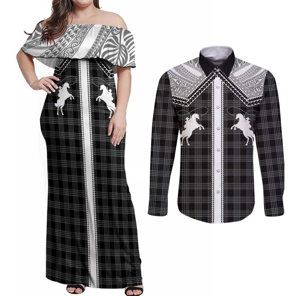 Aloha Hawaii Cowboys Paniolo Couples Matching Off Shoulder Maxi Dress and Long Sleeve Button Shirt Black Palaka - Polynesian Pride