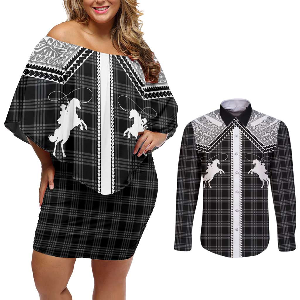 Aloha Hawaii Cowboys Paniolo Couples Matching Off Shoulder Short Dress and Long Sleeve Button Shirt Black Palaka - Polynesian Pride