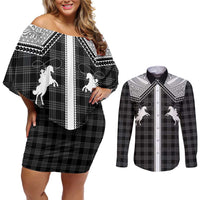 Aloha Hawaii Cowboys Paniolo Couples Matching Off Shoulder Short Dress and Long Sleeve Button Shirt Black Palaka - Polynesian Pride
