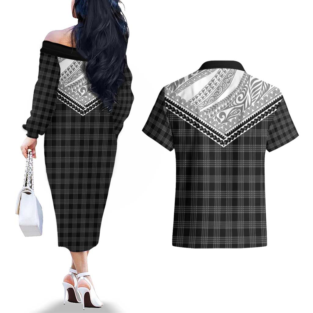 Aloha Hawaii Cowboys Paniolo Couples Matching Off The Shoulder Long Sleeve Dress and Hawaiian Shirt Black Palaka - Polynesian Pride