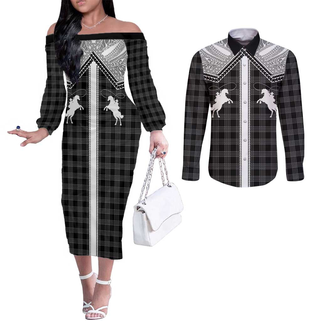 Aloha Hawaii Cowboys Paniolo Couples Matching Off The Shoulder Long Sleeve Dress and Long Sleeve Button Shirt Black Palaka - Polynesian Pride