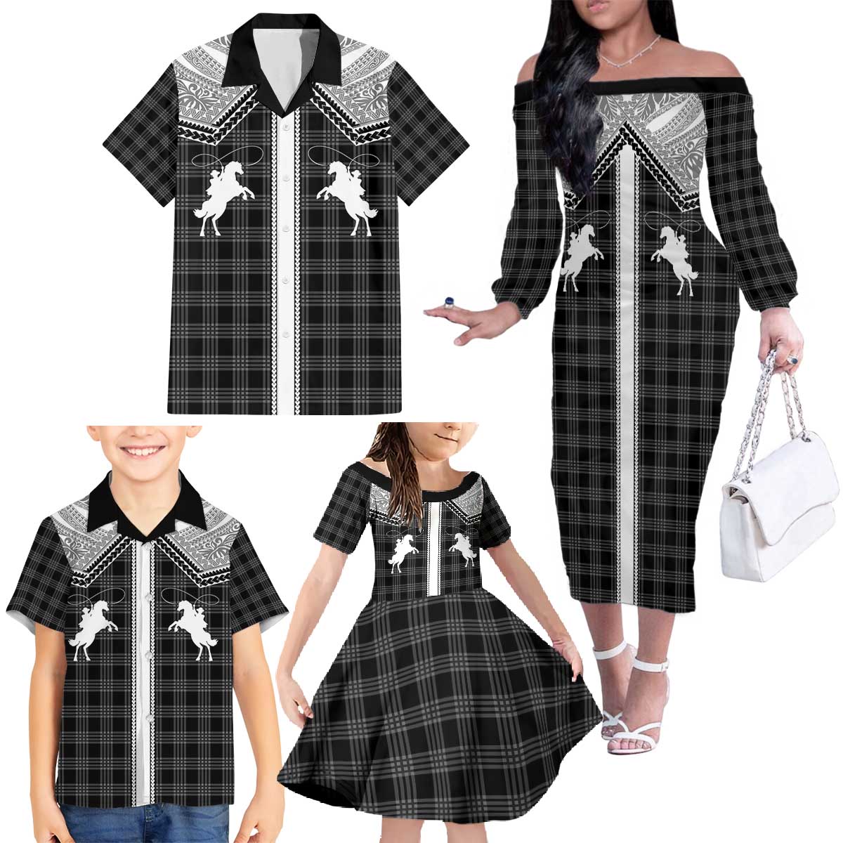 Aloha Hawaii Cowboys Paniolo Family Matching Off The Shoulder Long Sleeve Dress and Hawaiian Shirt Black Palaka - Polynesian Pride