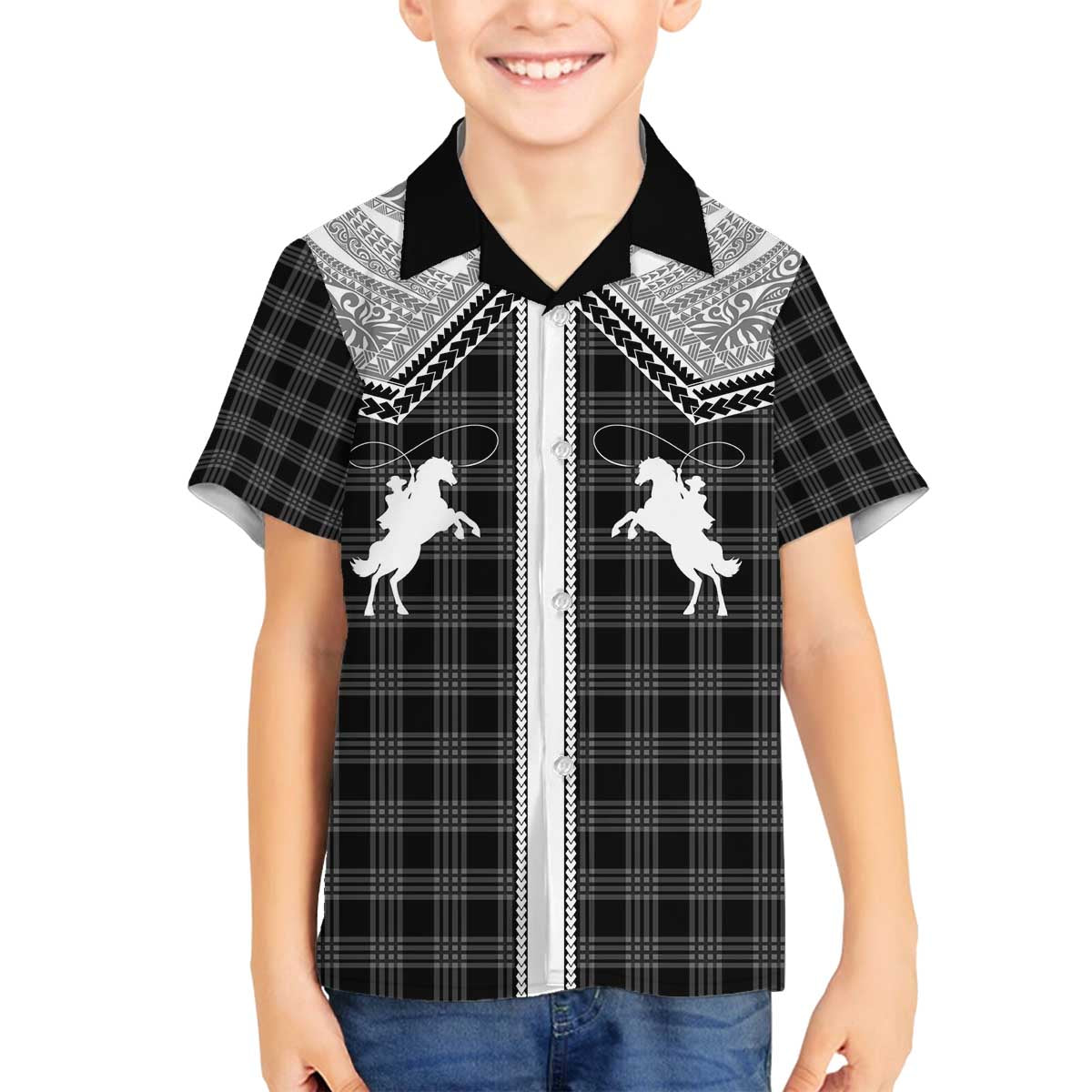 Aloha Hawaii Cowboys Paniolo Family Matching Off The Shoulder Long Sleeve Dress and Hawaiian Shirt Black Palaka - Polynesian Pride