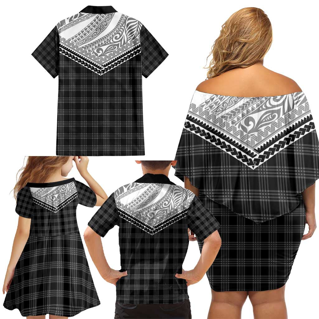 Aloha Hawaii Cowboys Paniolo Family Matching Off Shoulder Short Dress and Hawaiian Shirt Black Palaka - Polynesian Pride