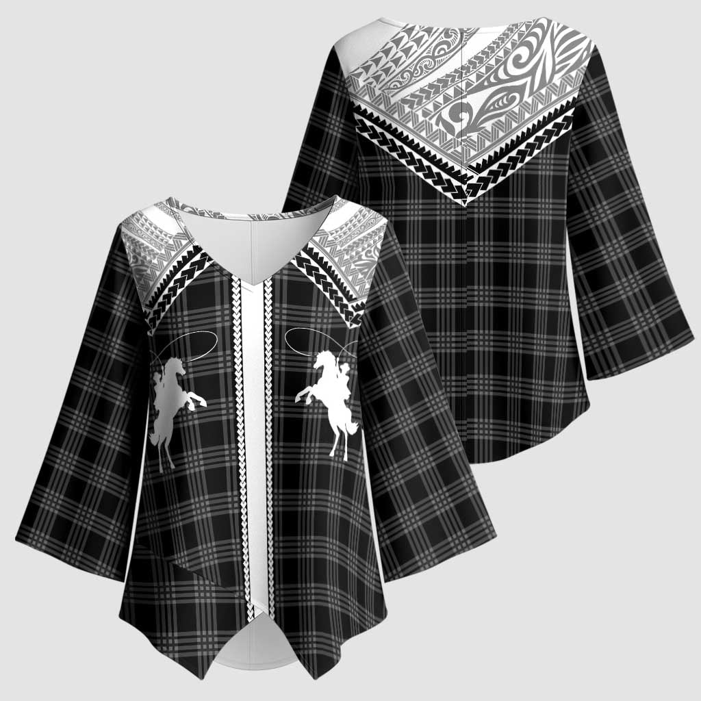 Aloha Hawaii Cowboys Paniolo Kimono Sleeve Blouse Black Palaka - Polynesian Pride
