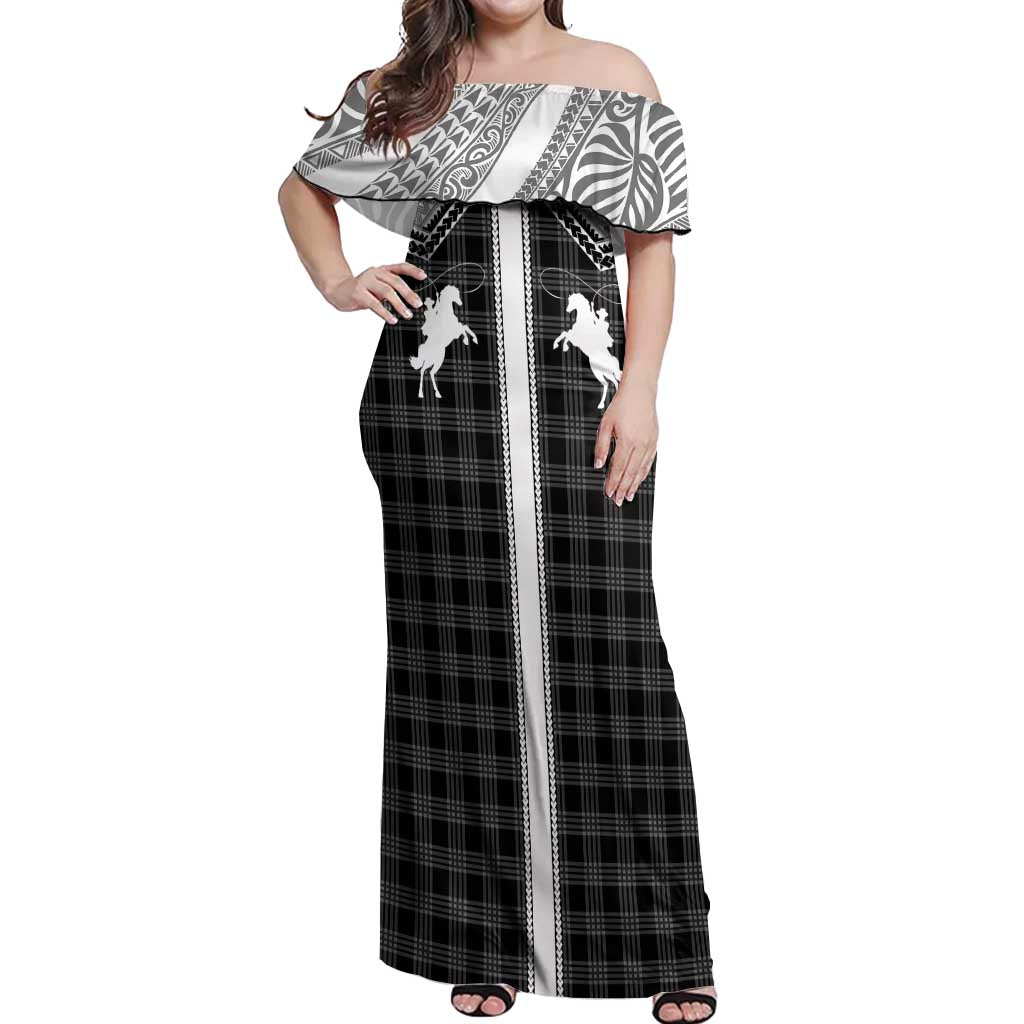 Aloha Hawaii Cowboys Paniolo Off Shoulder Maxi Dress Black Palaka - Polynesian Pride
