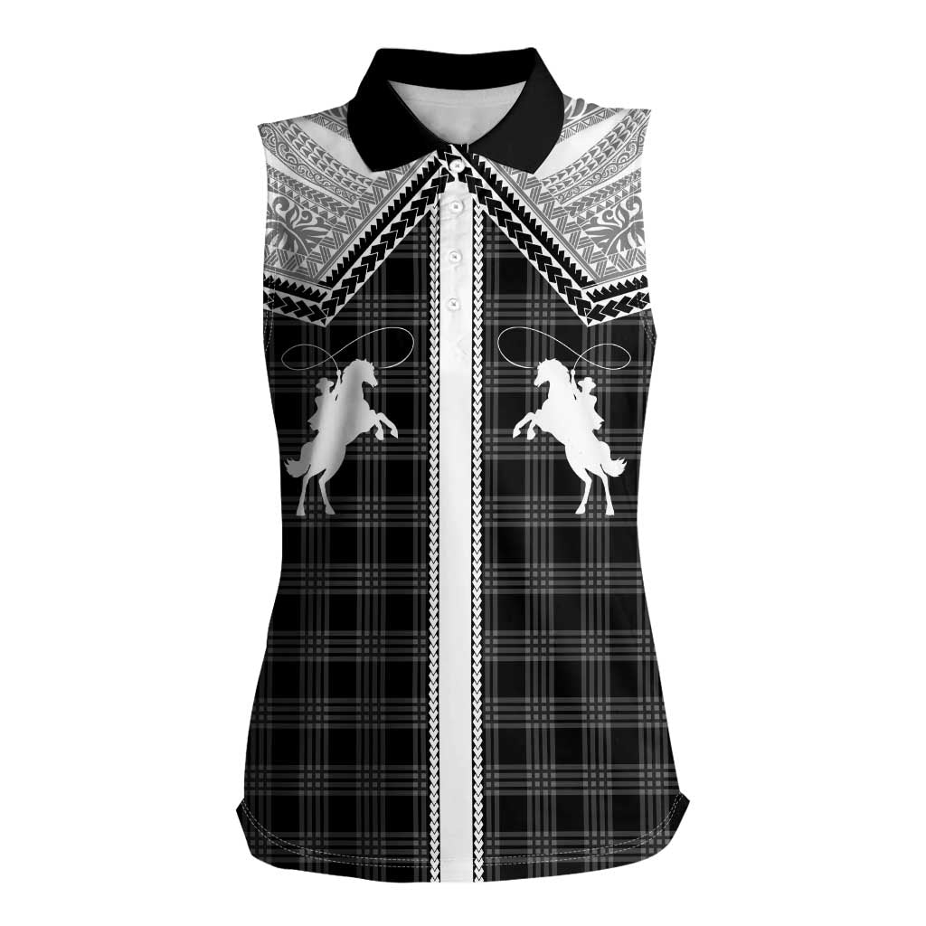 Aloha Hawaii Cowboys Paniolo Women Sleeveless Polo Shirt Black Palaka - Polynesian Pride
