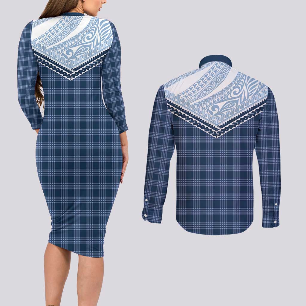 Aloha Hawaii Cowboys Paniolo Couples Matching Long Sleeve Bodycon Dress and Long Sleeve Button Shirt Navy Blue Palaka - Polynesian Pride