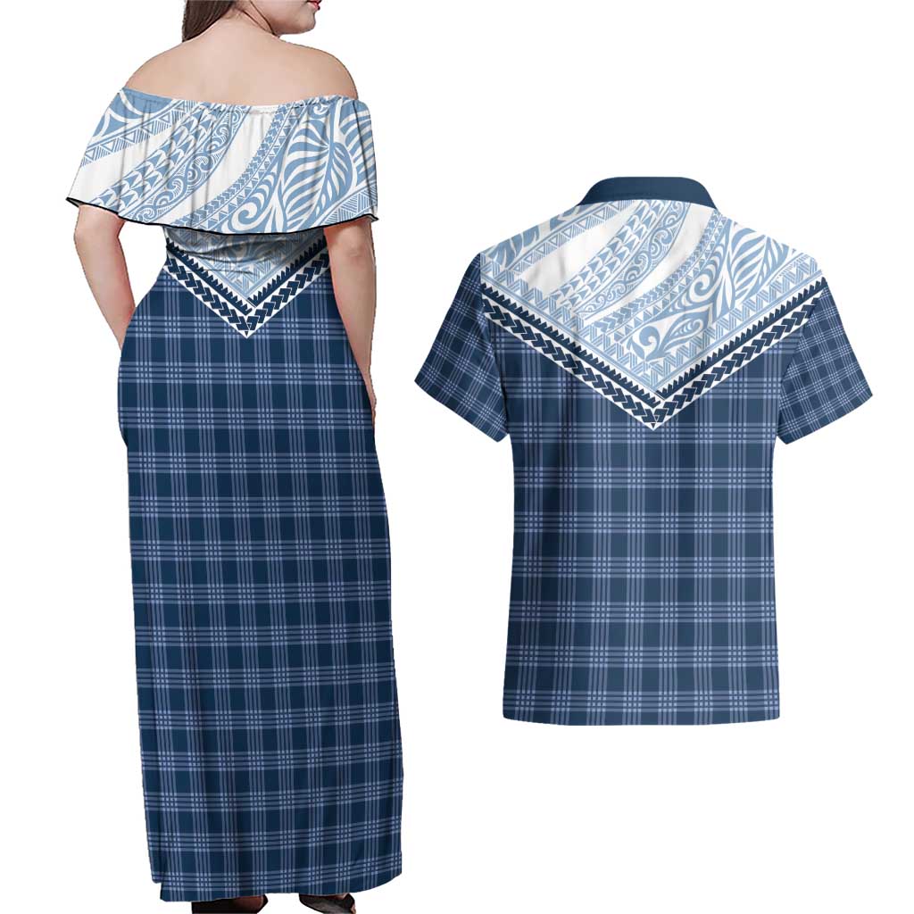 Aloha Hawaii Cowboys Paniolo Couples Matching Off Shoulder Maxi Dress and Hawaiian Shirt Navy Blue Palaka - Polynesian Pride