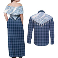 Aloha Hawaii Cowboys Paniolo Couples Matching Off Shoulder Maxi Dress and Long Sleeve Button Shirt Navy Blue Palaka - Polynesian Pride