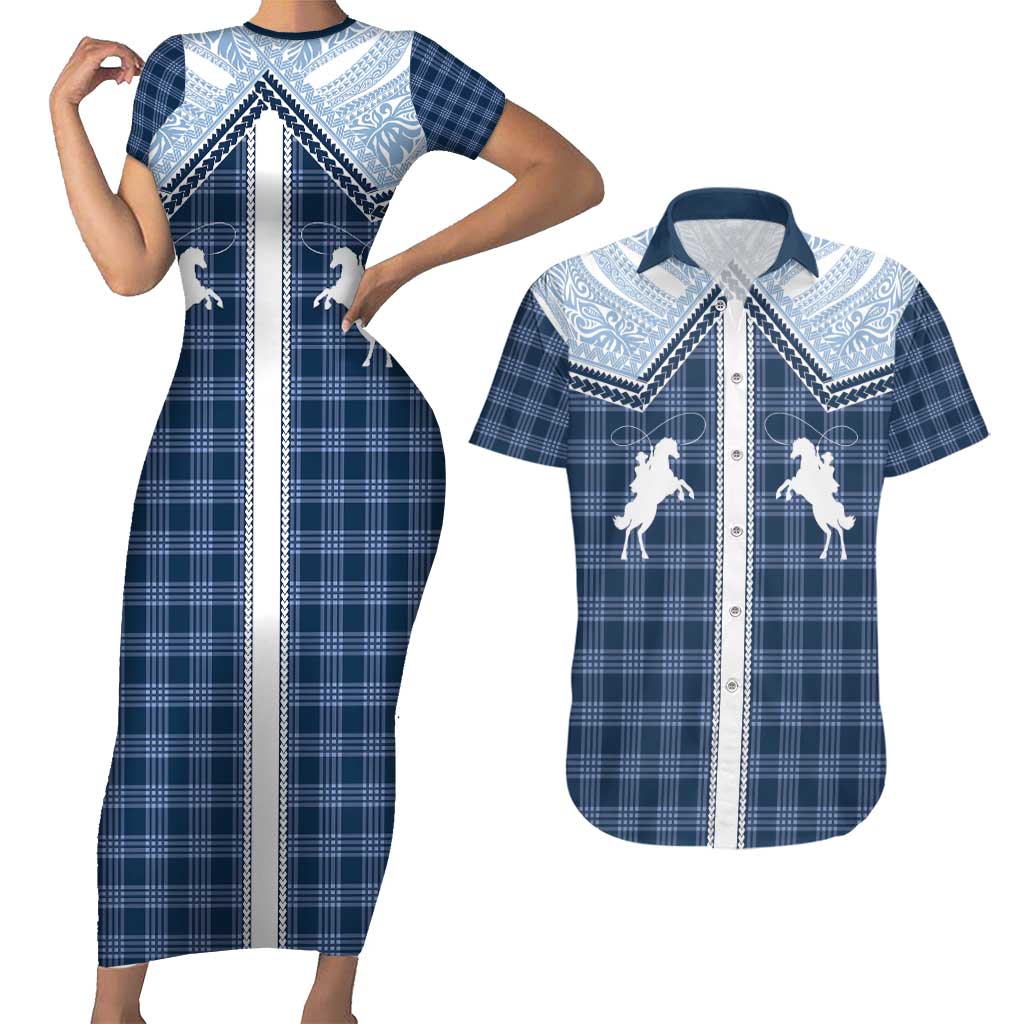 Aloha Hawaii Cowboys Paniolo Couples Matching Short Sleeve Bodycon Dress and Hawaiian Shirt Navy Blue Palaka LT7 Navy - Polynesian Pride