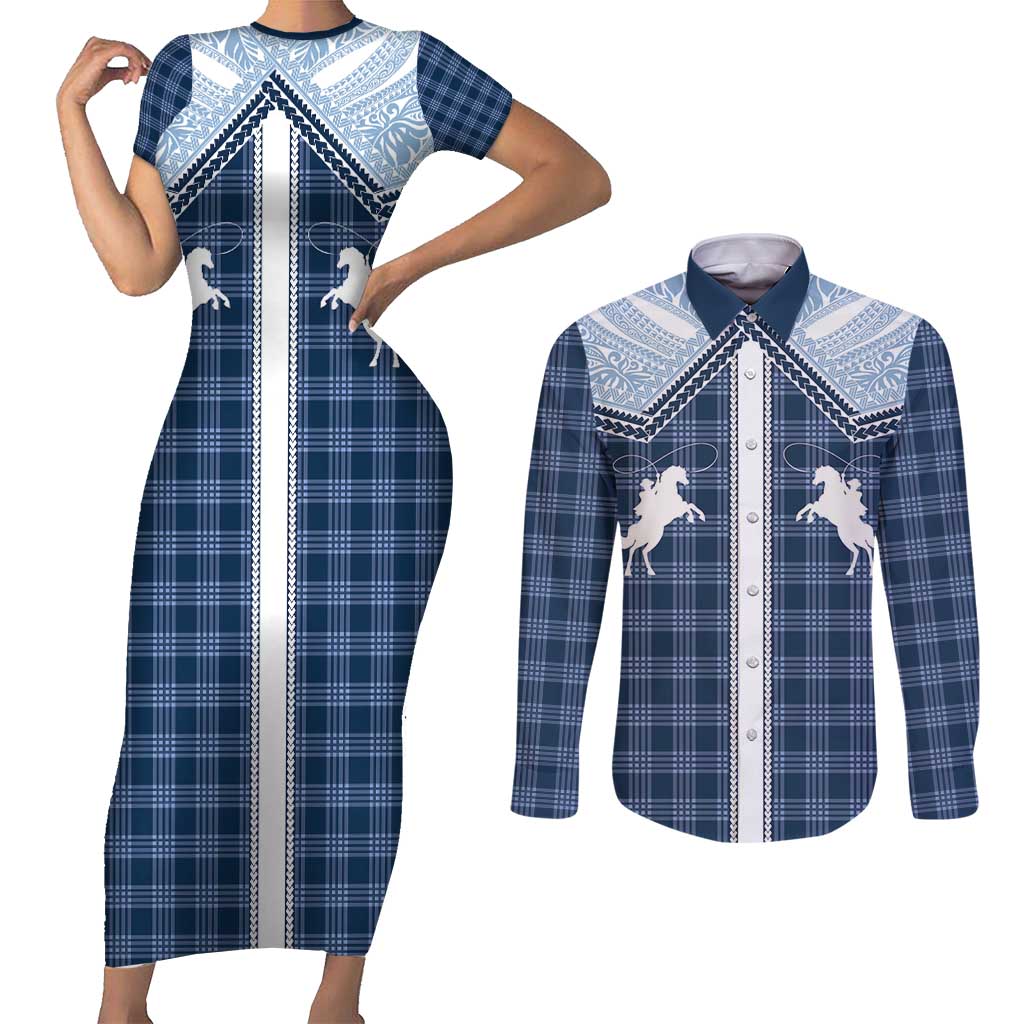 Aloha Hawaii Cowboys Paniolo Couples Matching Short Sleeve Bodycon Dress and Long Sleeve Button Shirt Navy Blue Palaka - Polynesian Pride