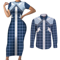 Aloha Hawaii Cowboys Paniolo Couples Matching Short Sleeve Bodycon Dress and Long Sleeve Button Shirt Navy Blue Palaka - Polynesian Pride
