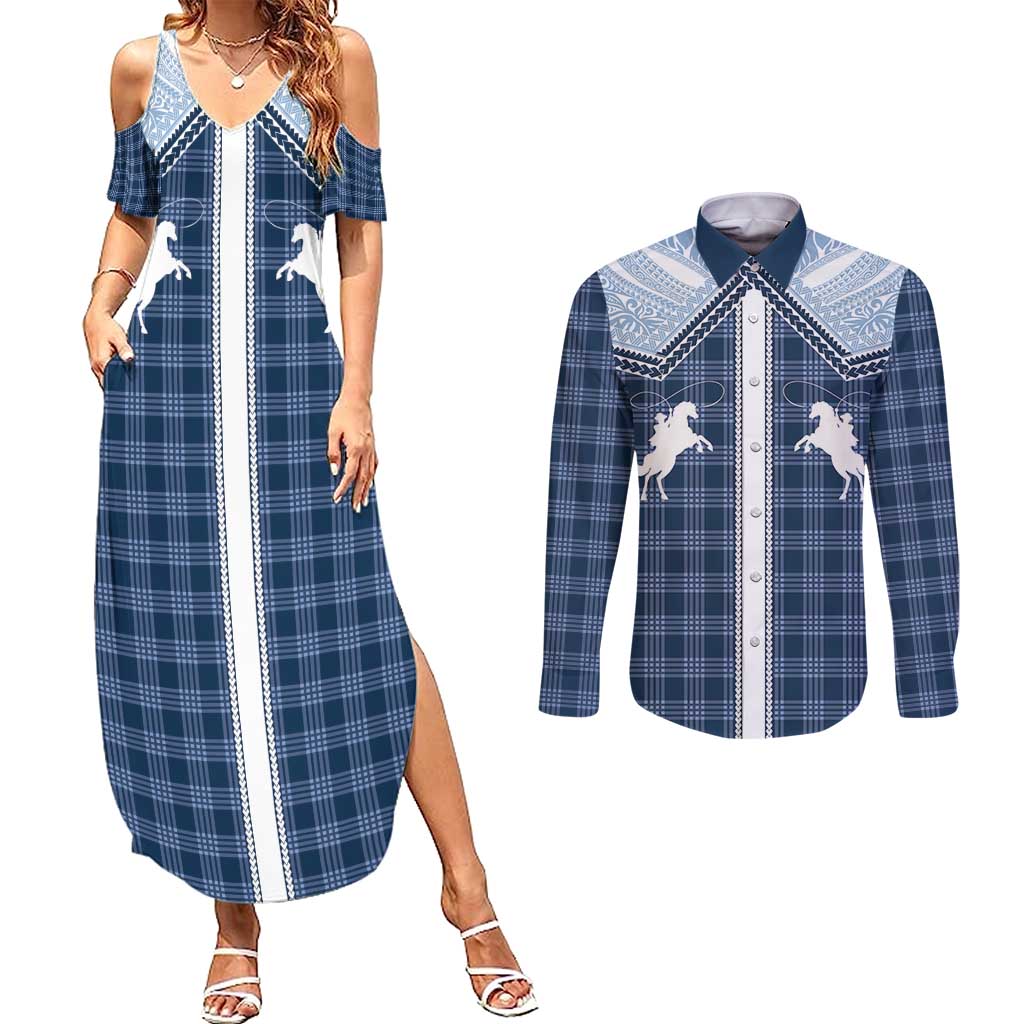 Aloha Hawaii Cowboys Paniolo Couples Matching Summer Maxi Dress and Long Sleeve Button Shirt Navy Blue Palaka - Polynesian Pride
