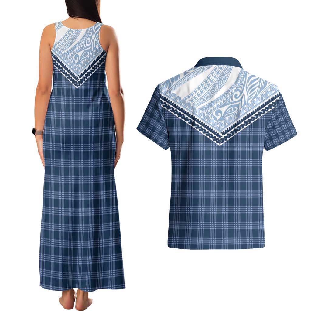Aloha Hawaii Cowboys Paniolo Couples Matching Tank Maxi Dress and Hawaiian Shirt Navy Blue Palaka - Polynesian Pride