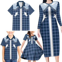 Aloha Hawaii Cowboys Paniolo Family Matching Long Sleeve Bodycon Dress and Hawaiian Shirt Navy Blue Palaka - Polynesian Pride