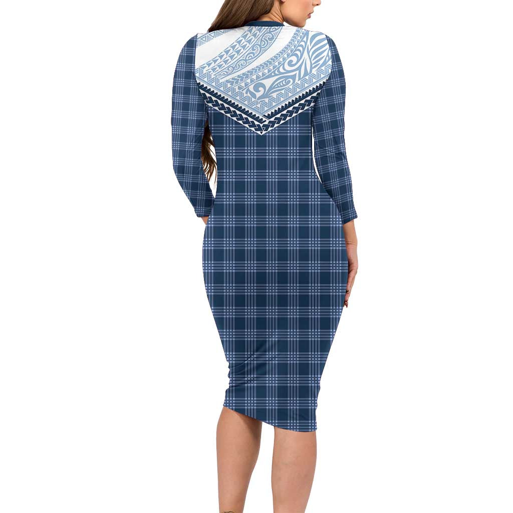 Aloha Hawaii Cowboys Paniolo Family Matching Long Sleeve Bodycon Dress and Hawaiian Shirt Navy Blue Palaka - Polynesian Pride