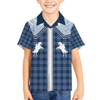 Aloha Hawaii Cowboys Paniolo Family Matching Short Sleeve Bodycon Dress and Hawaiian Shirt Navy Blue Palaka - Polynesian Pride
