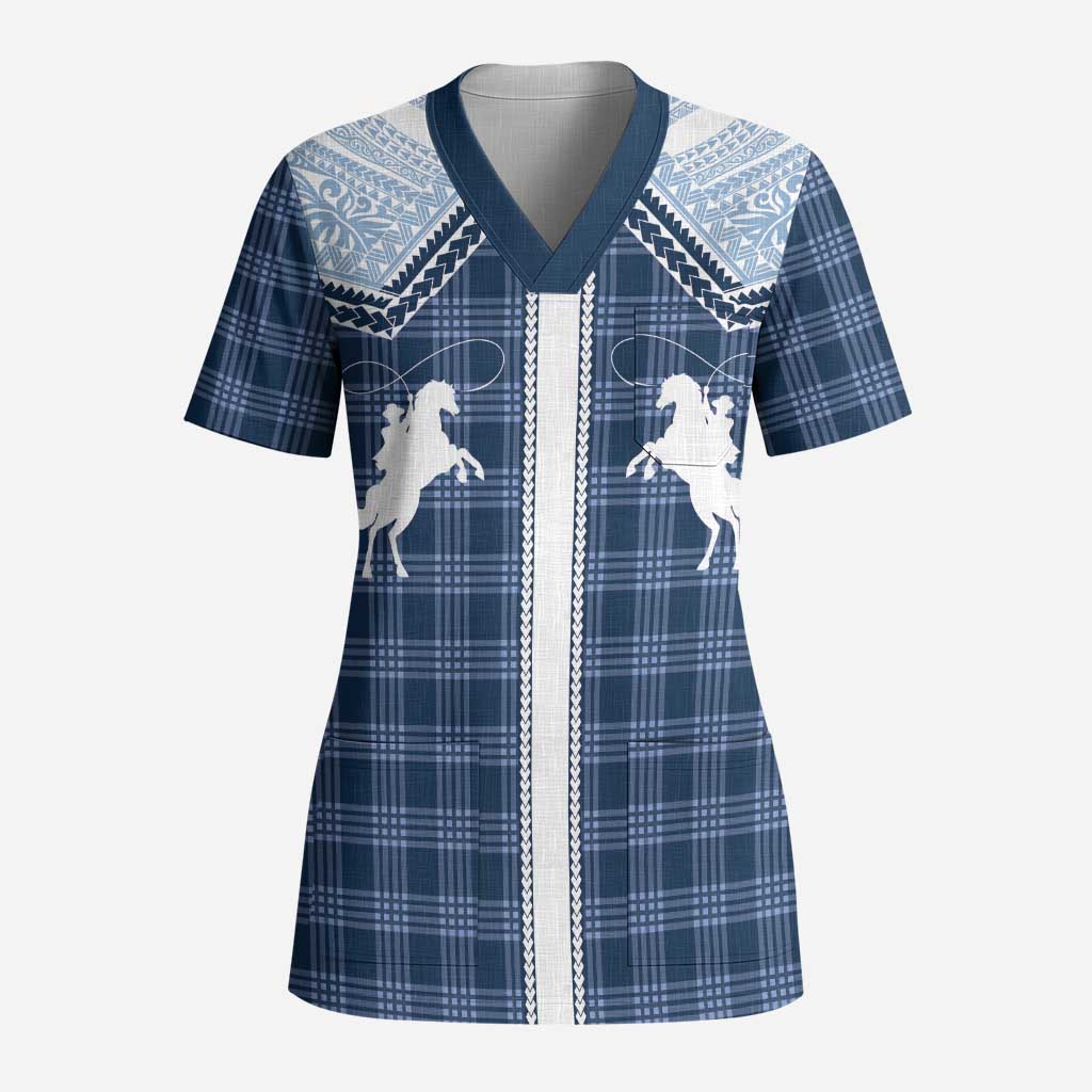 Aloha Hawaii Cowboys Paniolo Scrub Top Navy Blue Palaka - Polynesian Pride