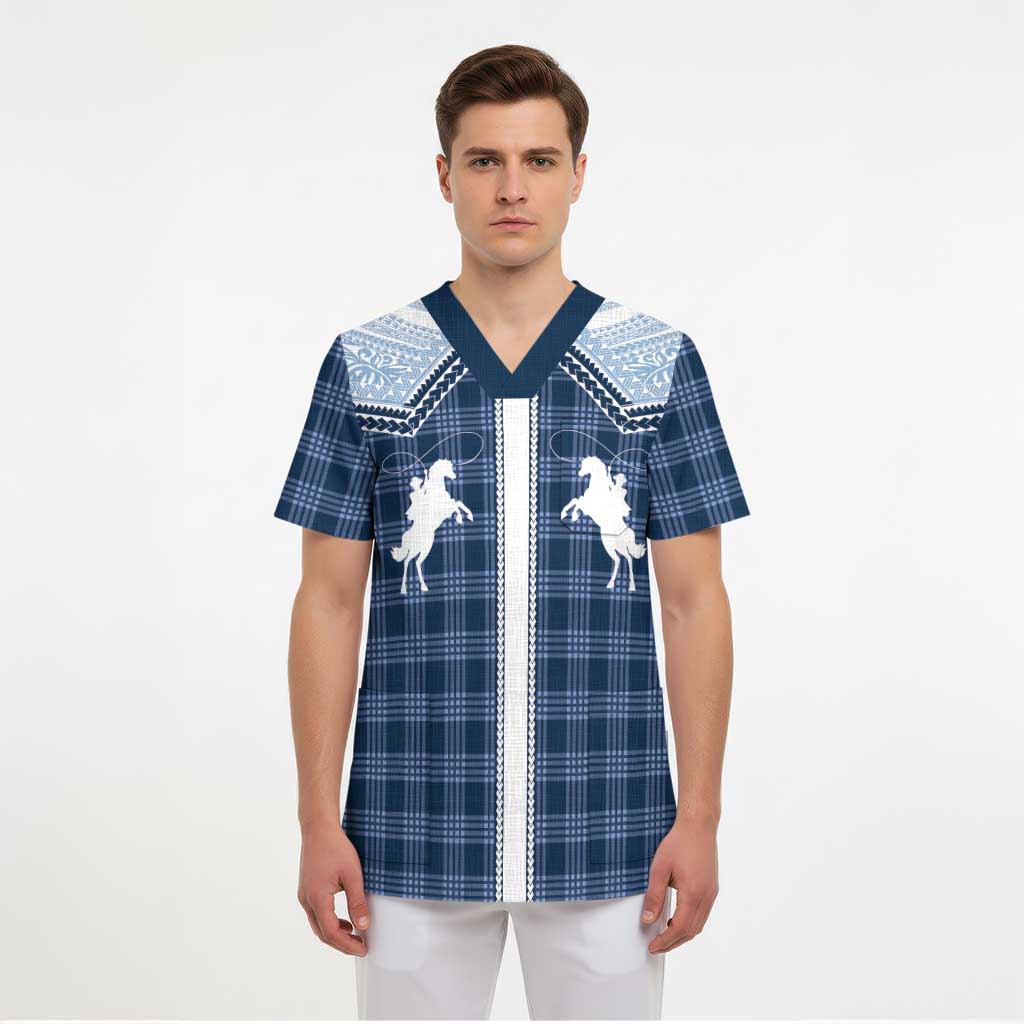 Aloha Hawaii Cowboys Paniolo Scrub Top Navy Blue Palaka - Polynesian Pride