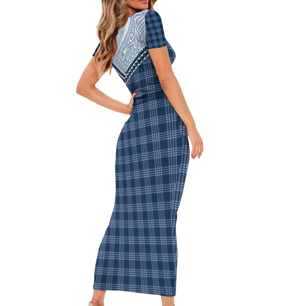 Aloha Hawaii Cowboys Paniolo Short Sleeve Bodycon Dress Navy Blue Palaka - Polynesian Pride