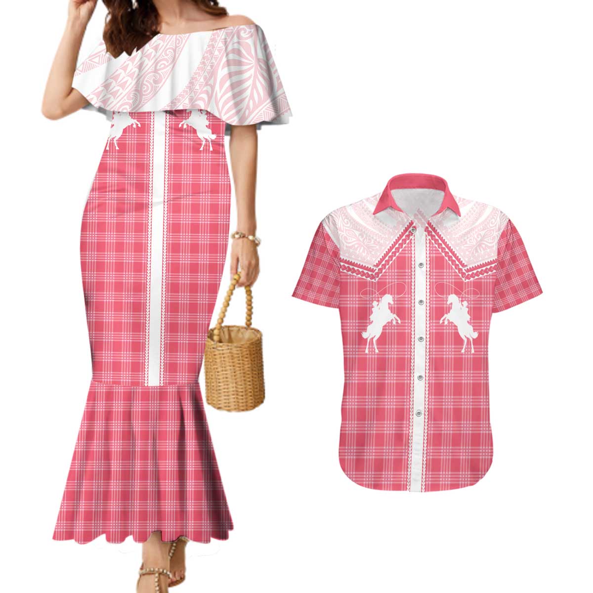 Aloha Hawaii Cowboys Paniolo Couples Matching Mermaid Dress and Hawaiian Shirt Rose Palaka - Polynesian Pride