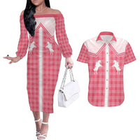 Aloha Hawaii Cowboys Paniolo Couples Matching Off The Shoulder Long Sleeve Dress and Hawaiian Shirt Rose Palaka - Polynesian Pride