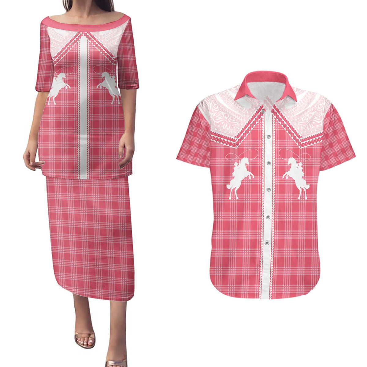 Aloha Hawaii Cowboys Paniolo Couples Matching Puletasi and Hawaiian Shirt Rose Palaka - Polynesian Pride
