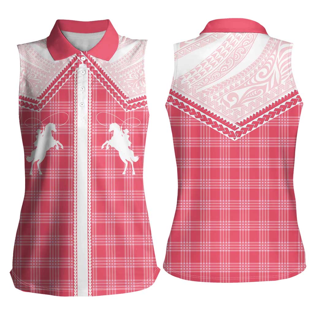 Aloha Hawaii Cowboys Paniolo Women Sleeveless Polo Shirt Rose Palaka - Polynesian Pride