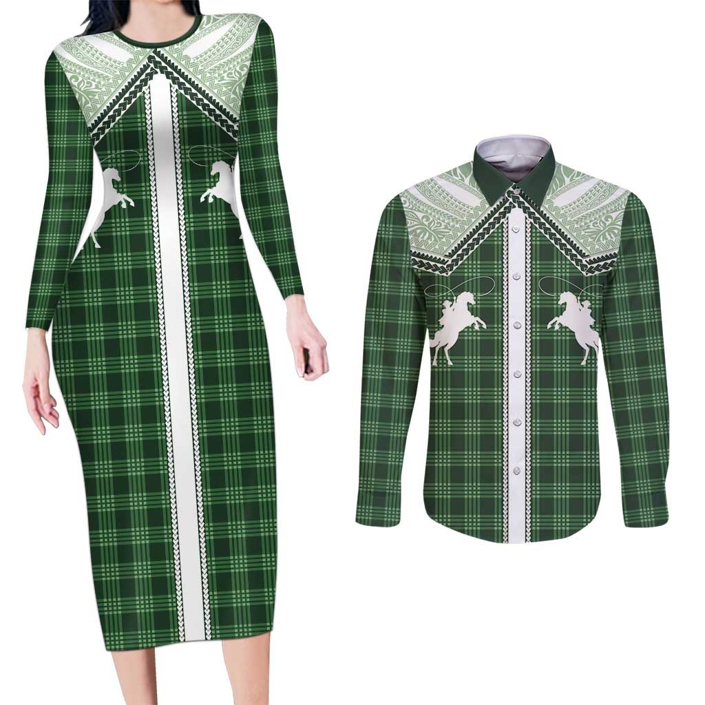 Aloha Hawaii Cowboys Paniolo Couples Matching Long Sleeve Bodycon Dress and Long Sleeve Button Shirt Forest Green Palaka - Polynesian Pride