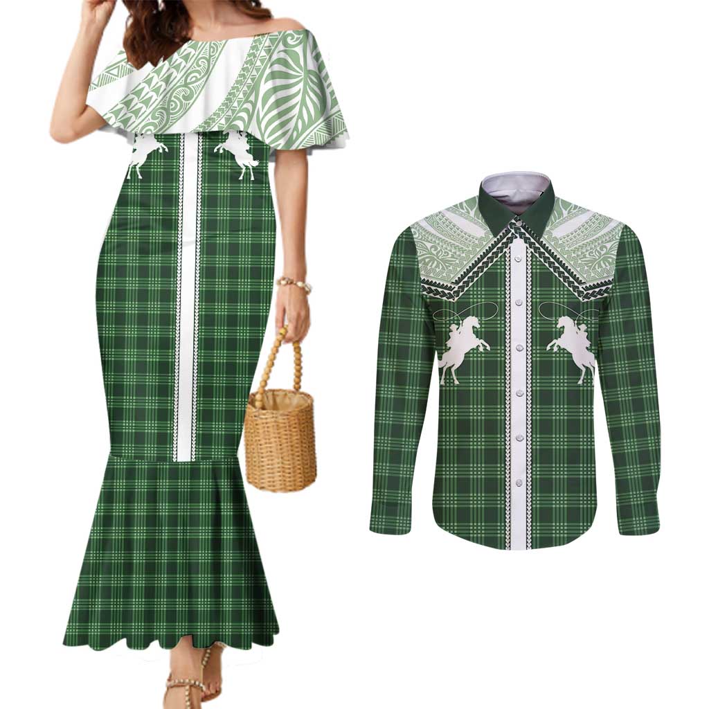 Aloha Hawaii Cowboys Paniolo Couples Matching Mermaid Dress and Long Sleeve Button Shirt Forest Green Palaka - Polynesian Pride