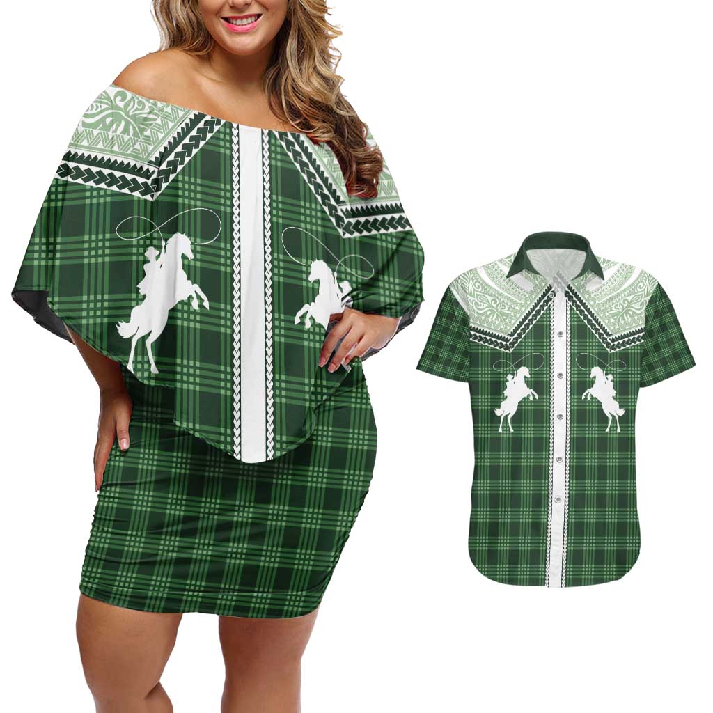 Aloha Hawaii Cowboys Paniolo Couples Matching Off Shoulder Short Dress and Hawaiian Shirt Forest Green Palaka - Polynesian Pride