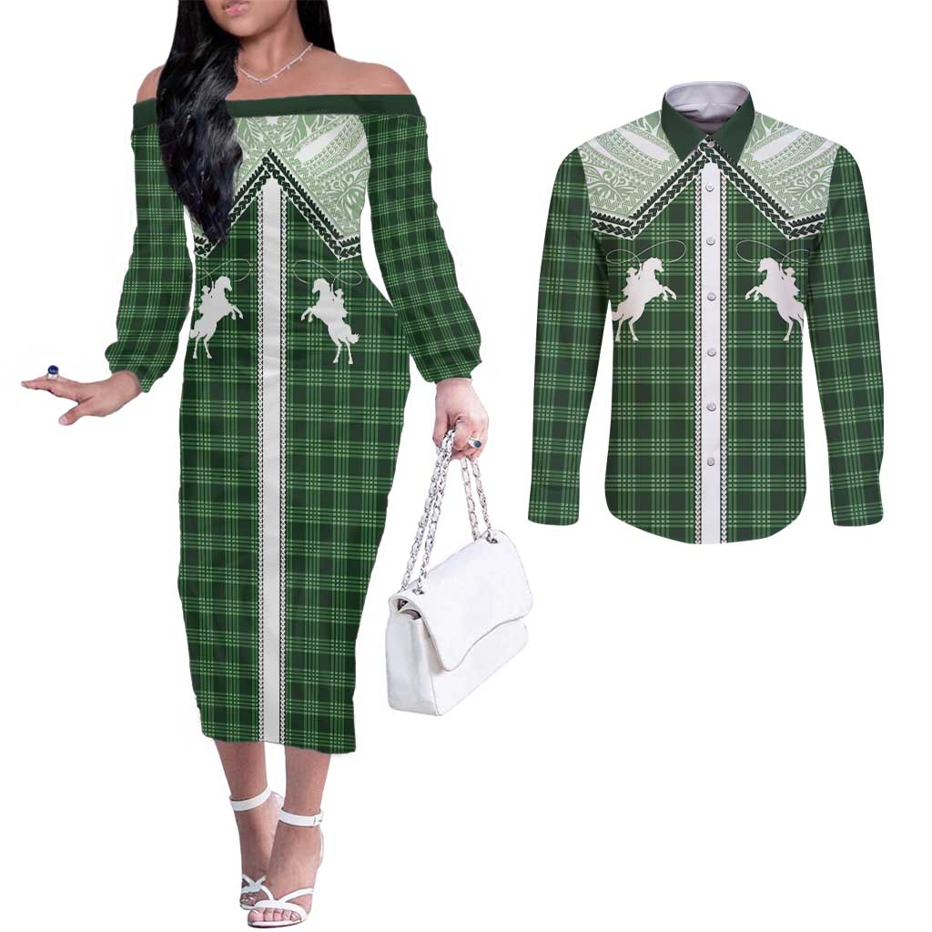 Aloha Hawaii Cowboys Paniolo Couples Matching Off The Shoulder Long Sleeve Dress and Long Sleeve Button Shirt Forest Green Palaka - Polynesian Pride