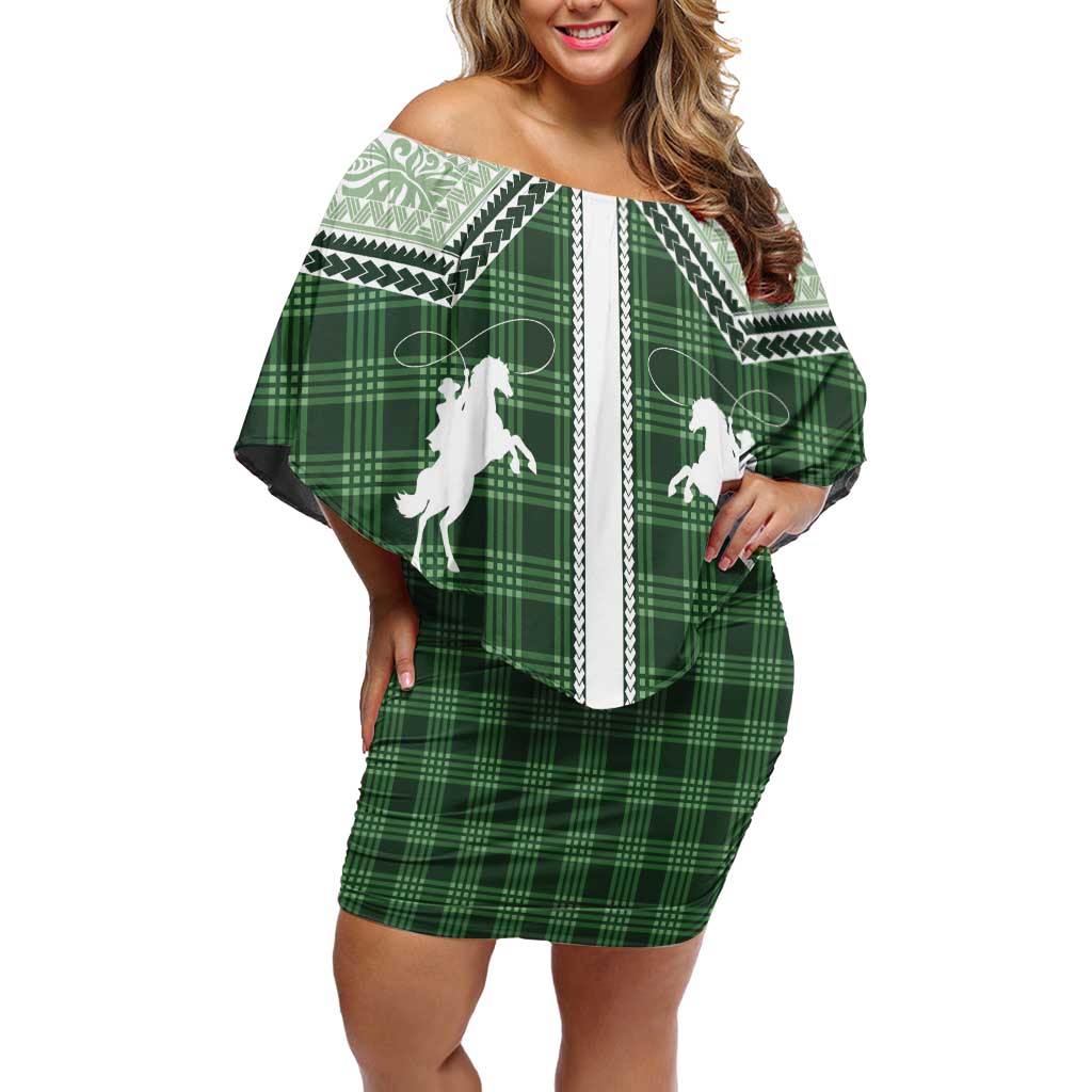 Aloha Hawaii Cowboys Paniolo Off Shoulder Short Dress Forest Green Palaka - Polynesian Pride