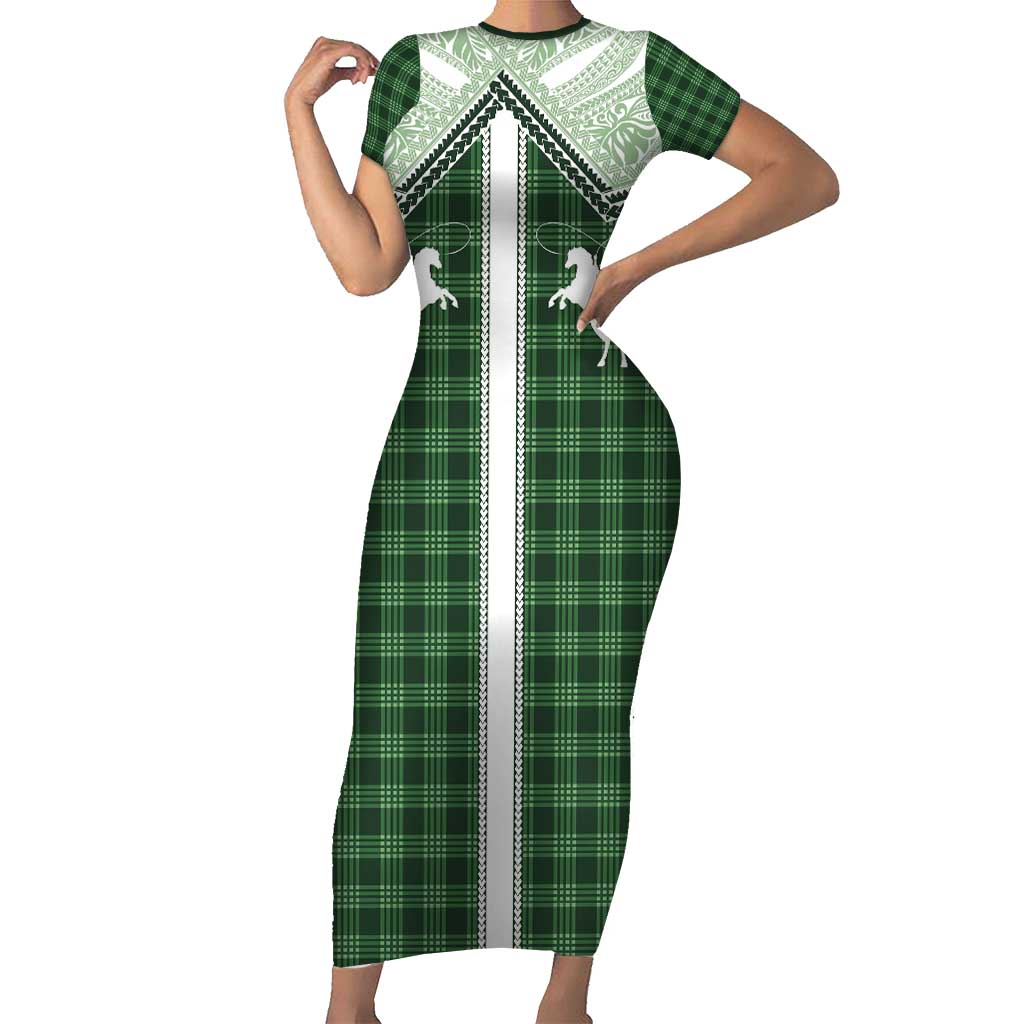 Aloha Hawaii Cowboys Paniolo Short Sleeve Bodycon Dress Forest Green Palaka - Polynesian Pride