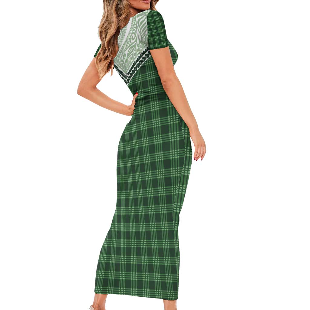 Aloha Hawaii Cowboys Paniolo Short Sleeve Bodycon Dress Forest Green Palaka - Polynesian Pride