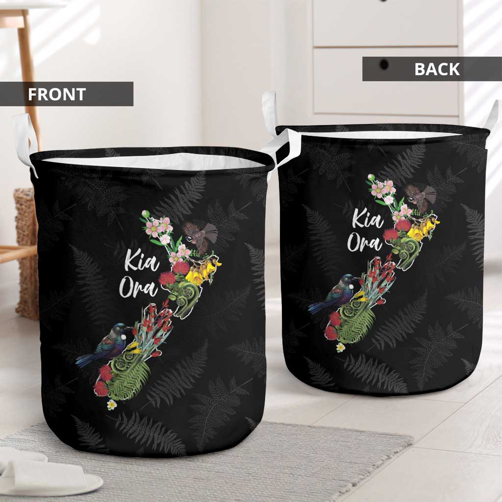 Kia Ora New Zealand Floral Laundry Basket Black - Polynesian Pride